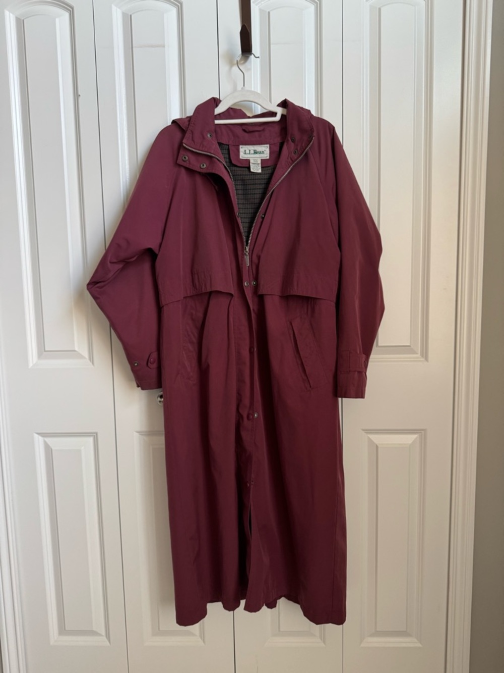 L.L. Bean Vintage Wool Lined Hooded Rain Trench Coat in Burgundy